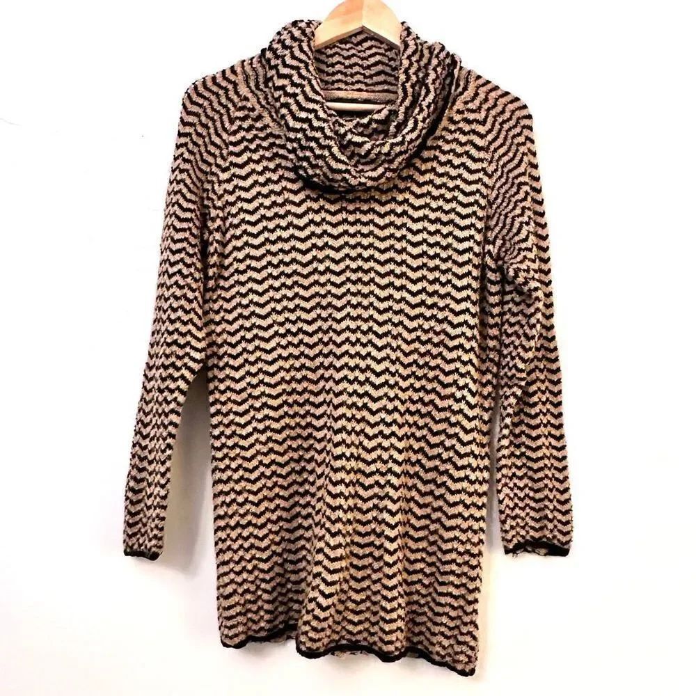 Jones New York Womens Pullover Sweater Cowl Neck Chevron Knit Tan & Black Large
